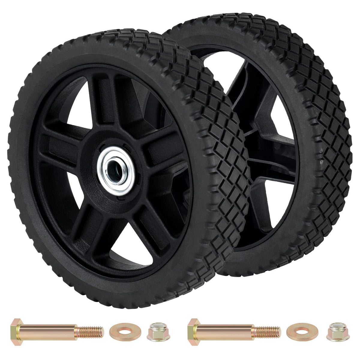 CheeMuii 7-inch lawn mower wheels assembly view with quick bolt-on setup