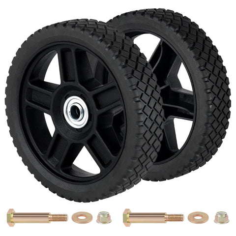 CheeMuii 7-inch lawn mower wheels assembly view with quick bolt-on setup
