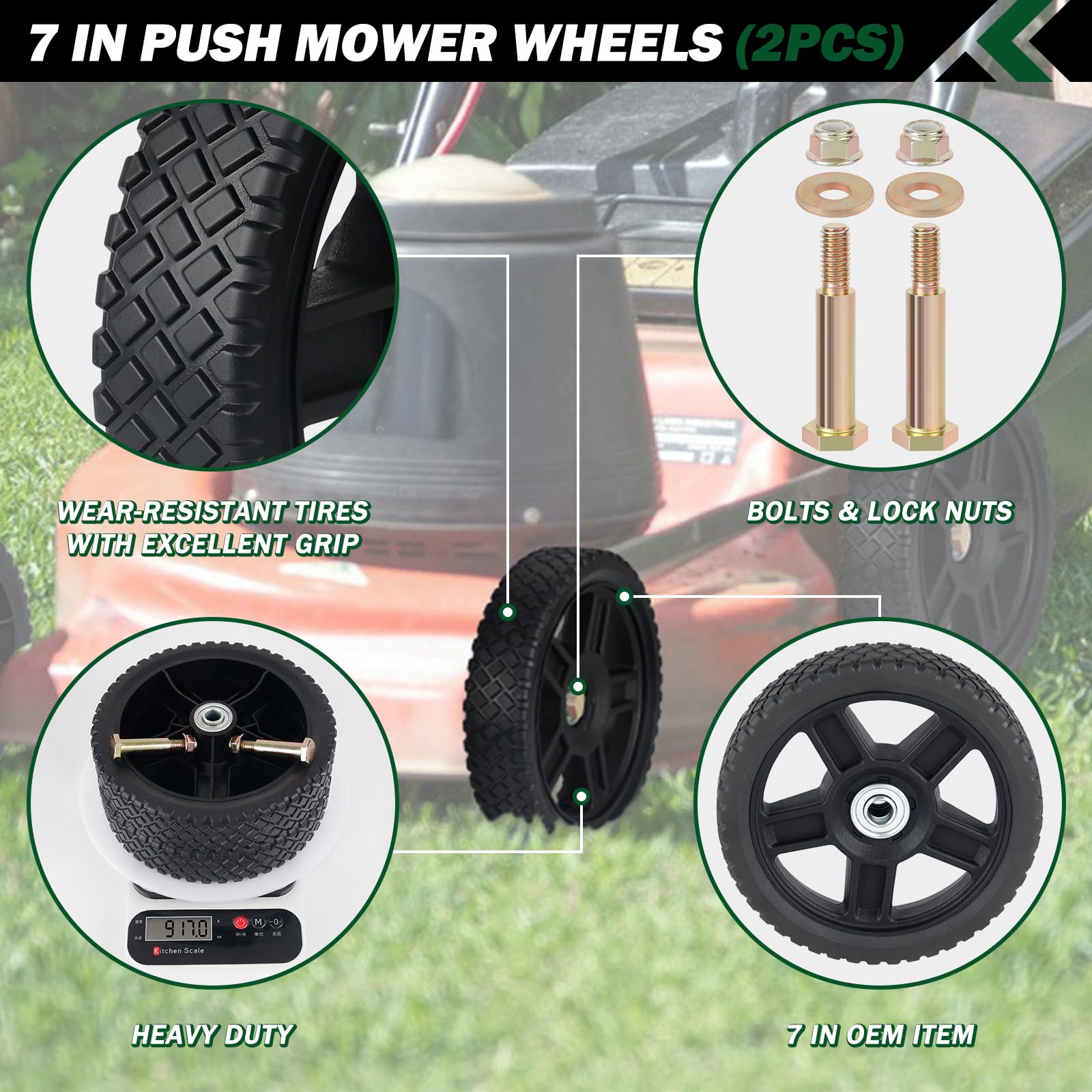 CheeMuii wheels package contents showing included bolts and gaskets for easy replacement