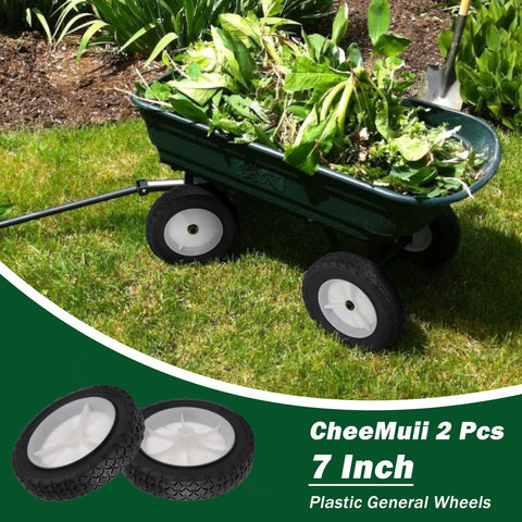 CheeMuii 7-inch wheels shown on mower setup for easy replacement.