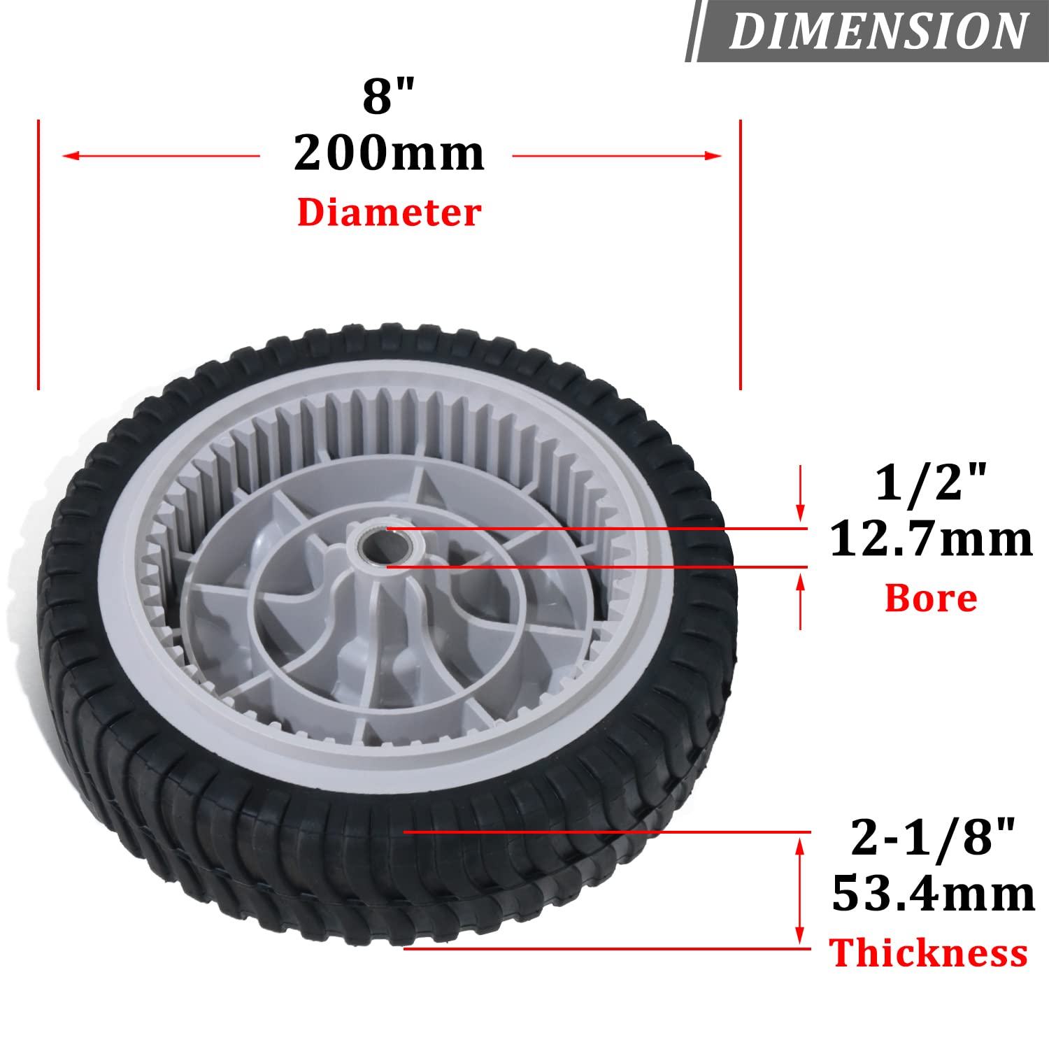 CheeMuii 8 inch wheel mounted on a lawn mower ready for replacement.