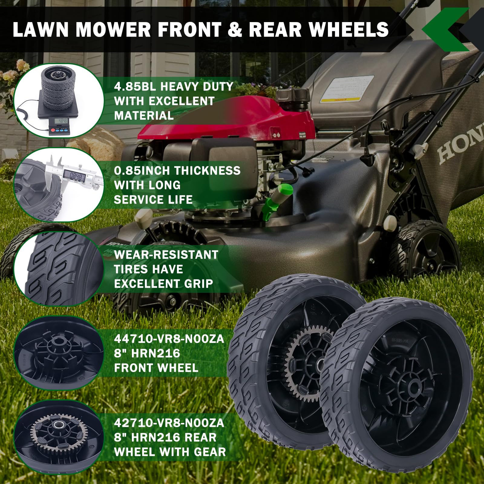 CheeMuii HRN216 front 8 inch lawn mower wheels for smooth steering and mowing.
