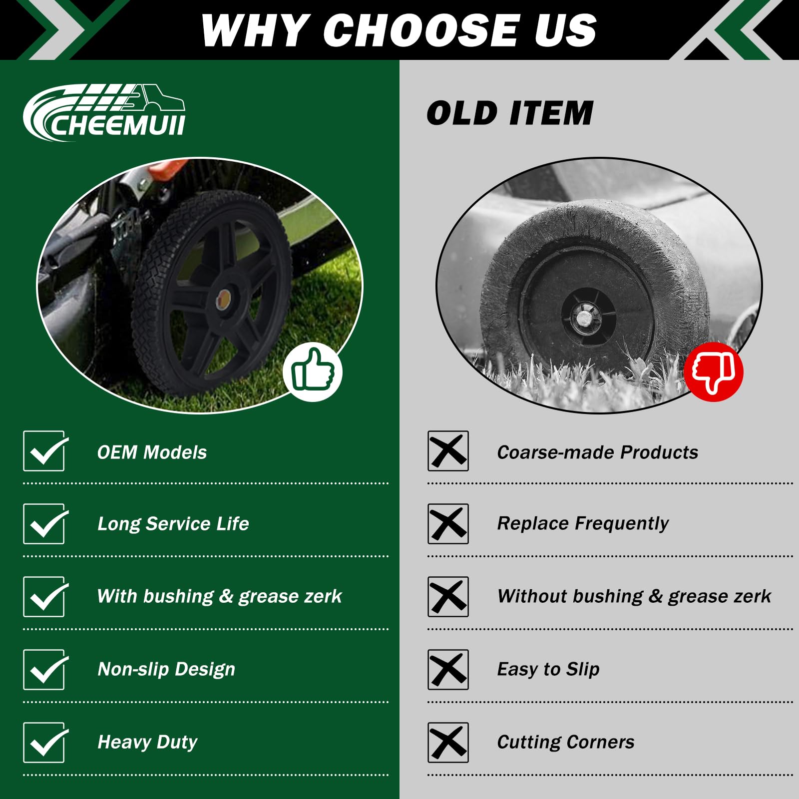 Installation step of CheeMuii wheel on a push mower