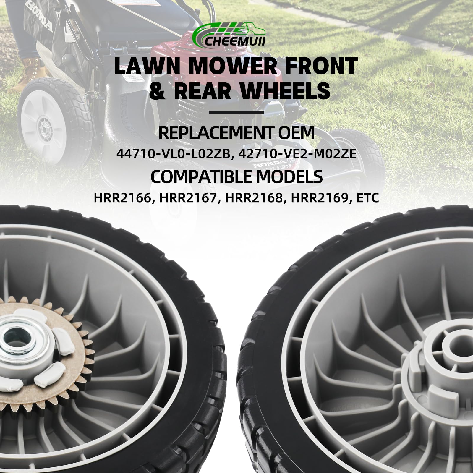 Durable plastic wheel with gears supports dependable drive for lawns.