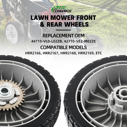 Durable plastic wheel with gears supports dependable drive for lawns.