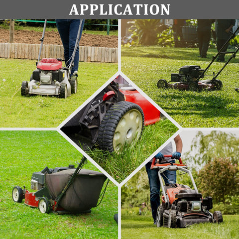 CheeMuii lawn mower wheel in action on green lawn.