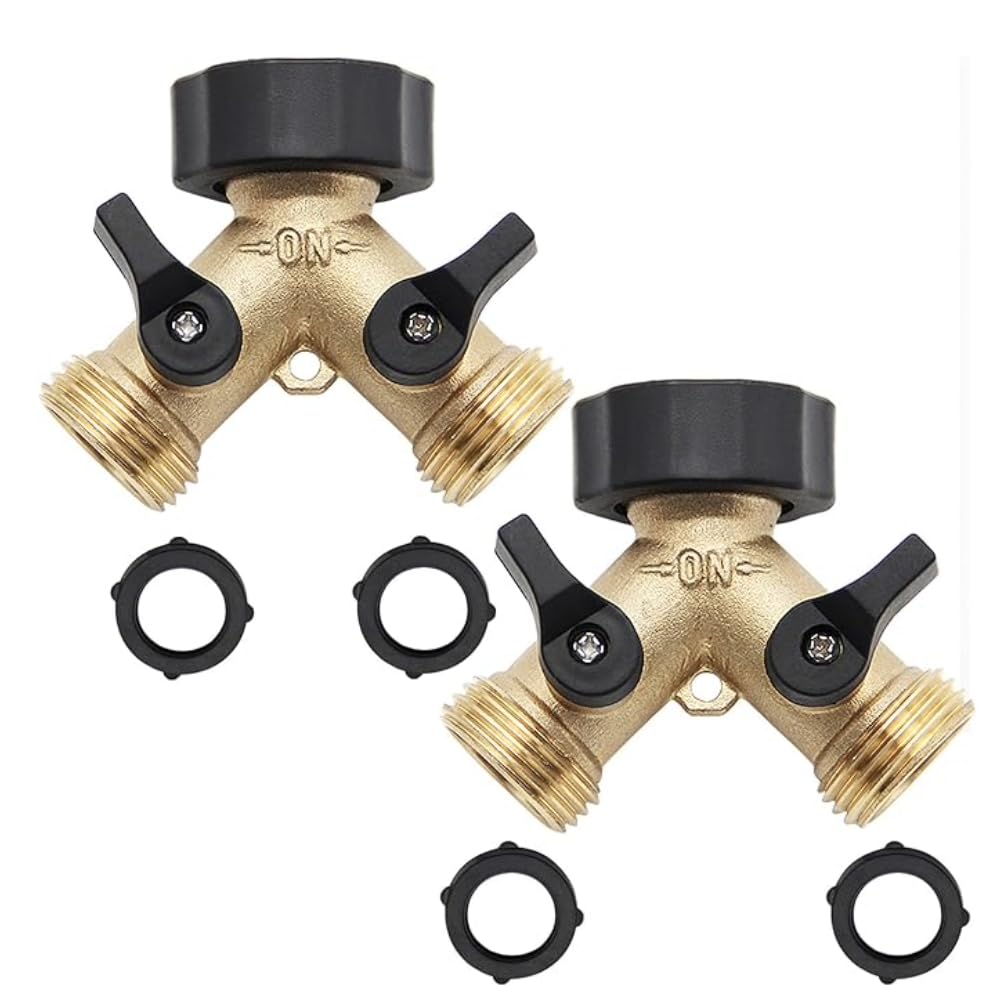 Cheerwater A30008-D brass hose Y connector with dual outlets for tidy garden watering.