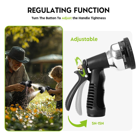 Cheerwater nozzle demonstrates nine adjustable patterns for versatile garden and cleaning use.