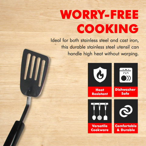 Rust-resistant spatula ideal for stainless steel and cast iron pans.