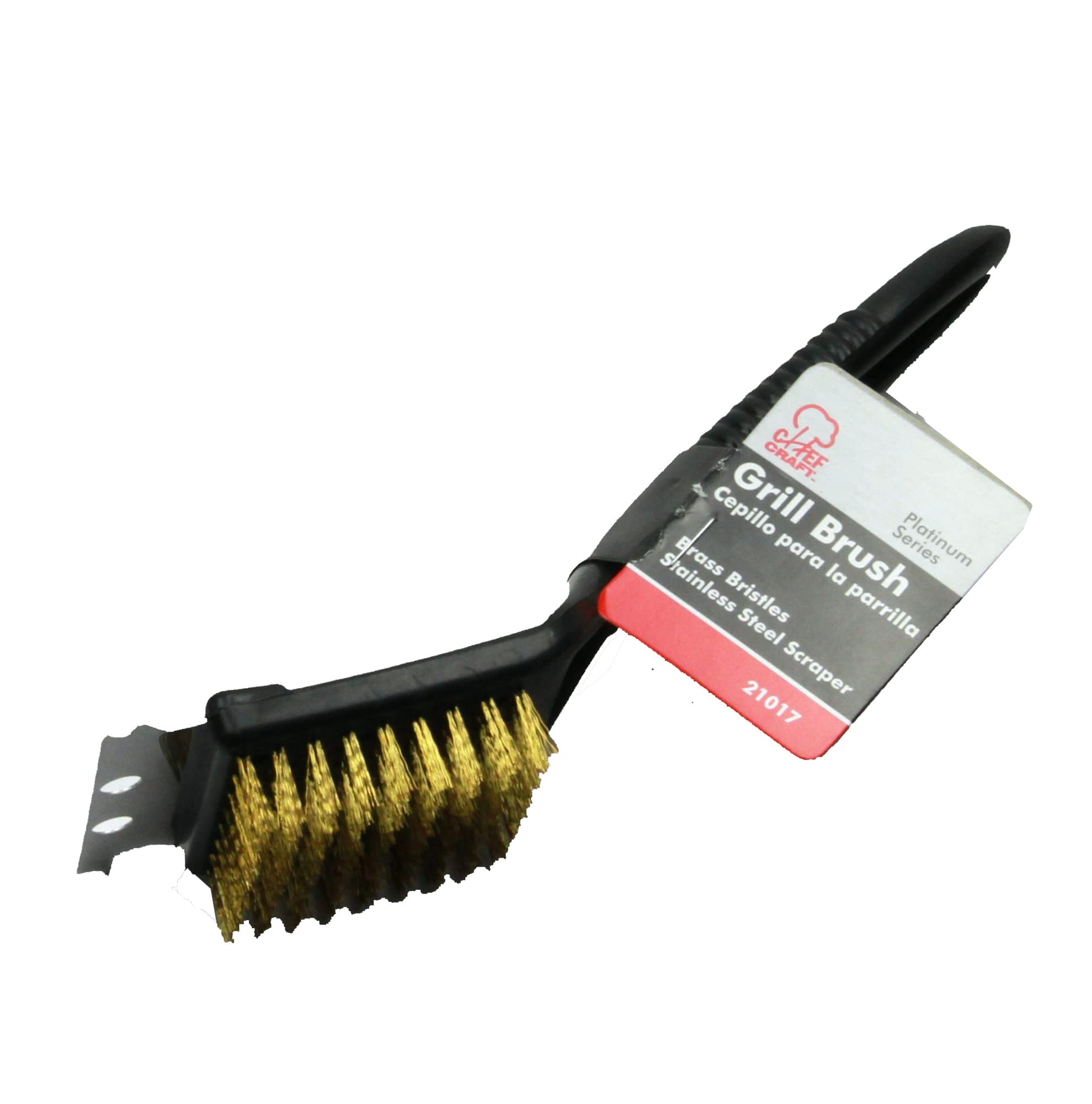 Chef Craft grill brush metal edge close-up cleans tough grime.