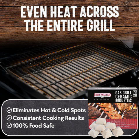 Chef Master briquettes provide even heat distribution across the grate for uniform results.