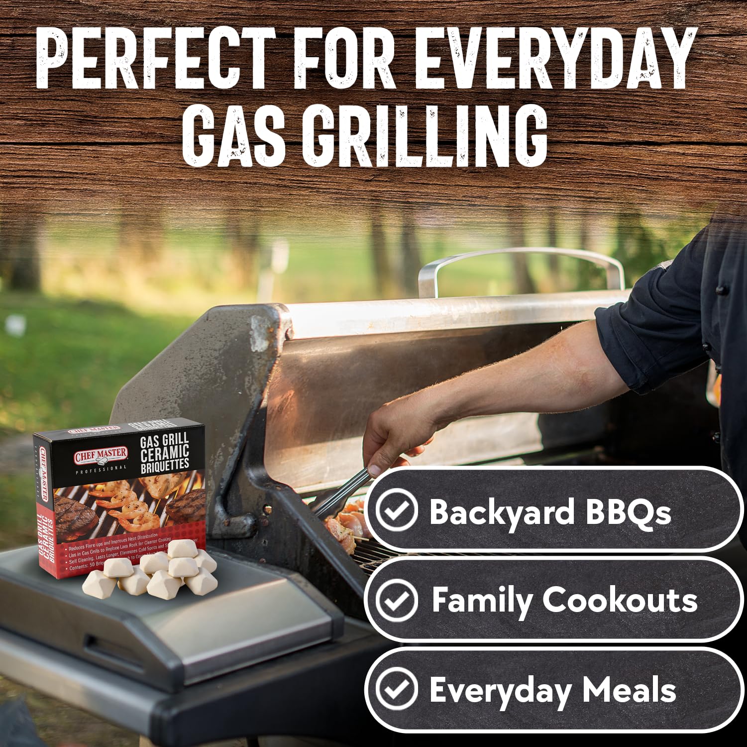 Chef Master ceramic briquettes reduce flare-ups while enhancing heat control during cooking.