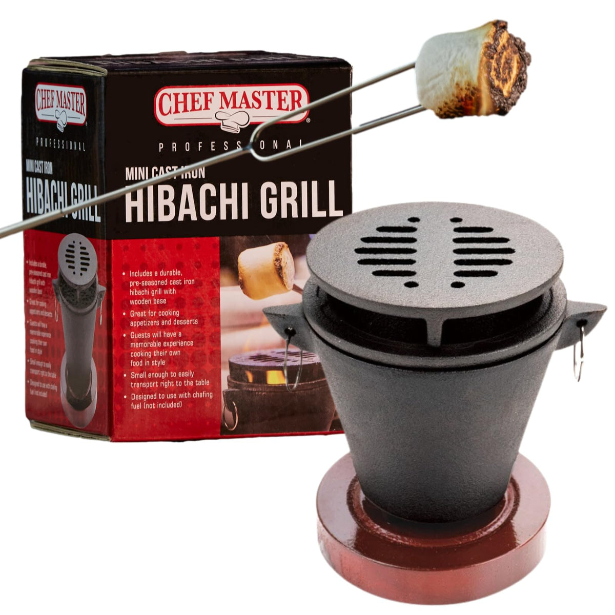 Chef Master mini hibachi pit setup with cast iron pan for family grilling.