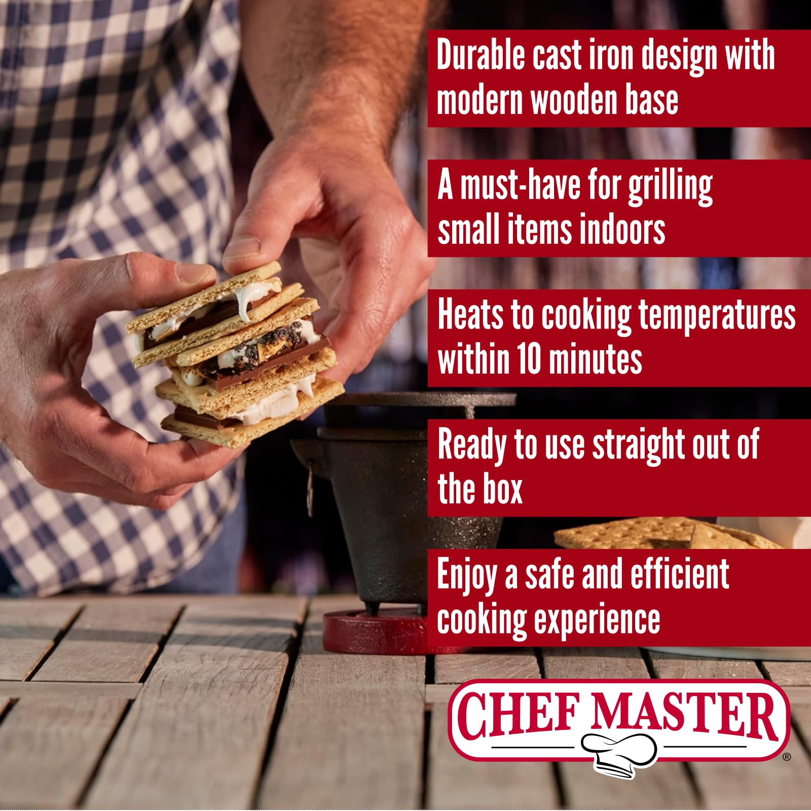 Chef Master s'mores demo with flames and sweet treats.