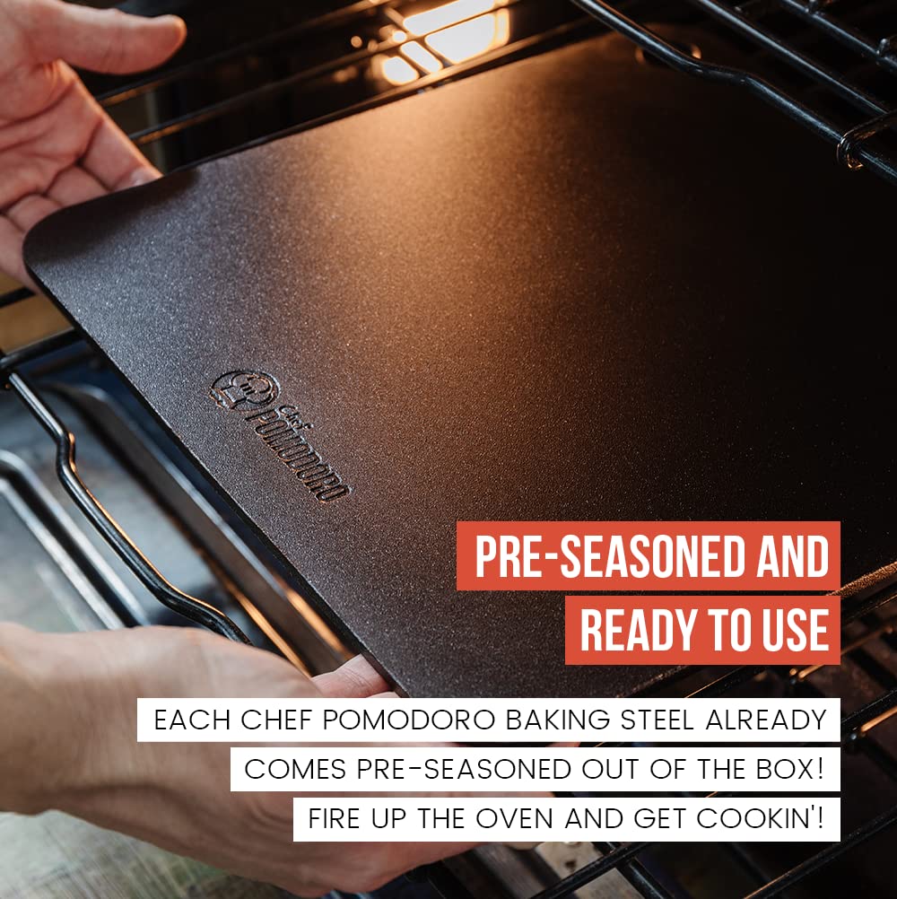 Chef Pomodoro pizza steel surface is pre-seasoned for smooth release.