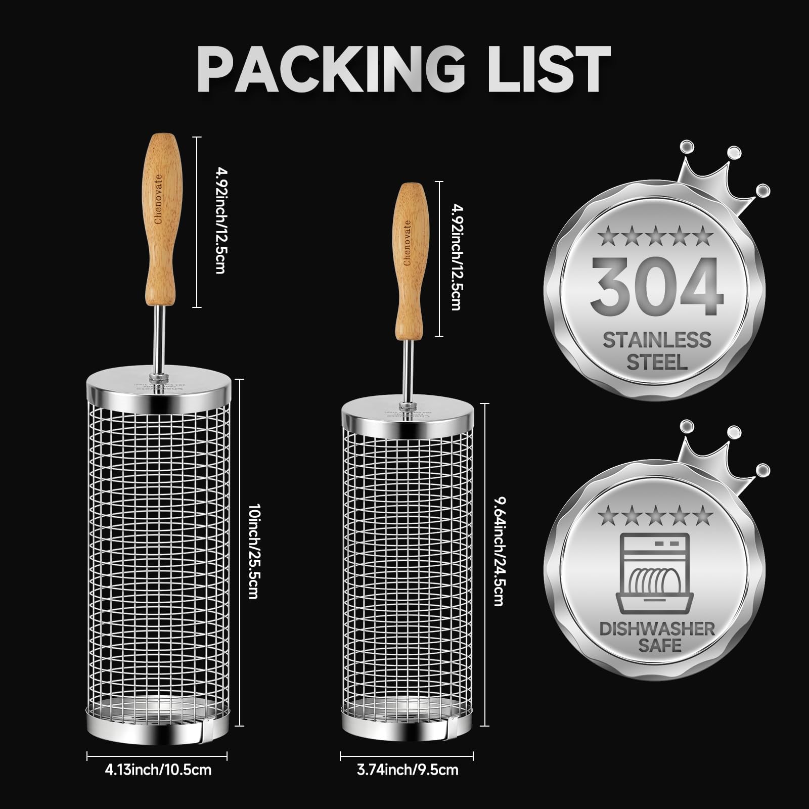 Chenovate stainless steel rolling grill basket for rust resistant cooking.