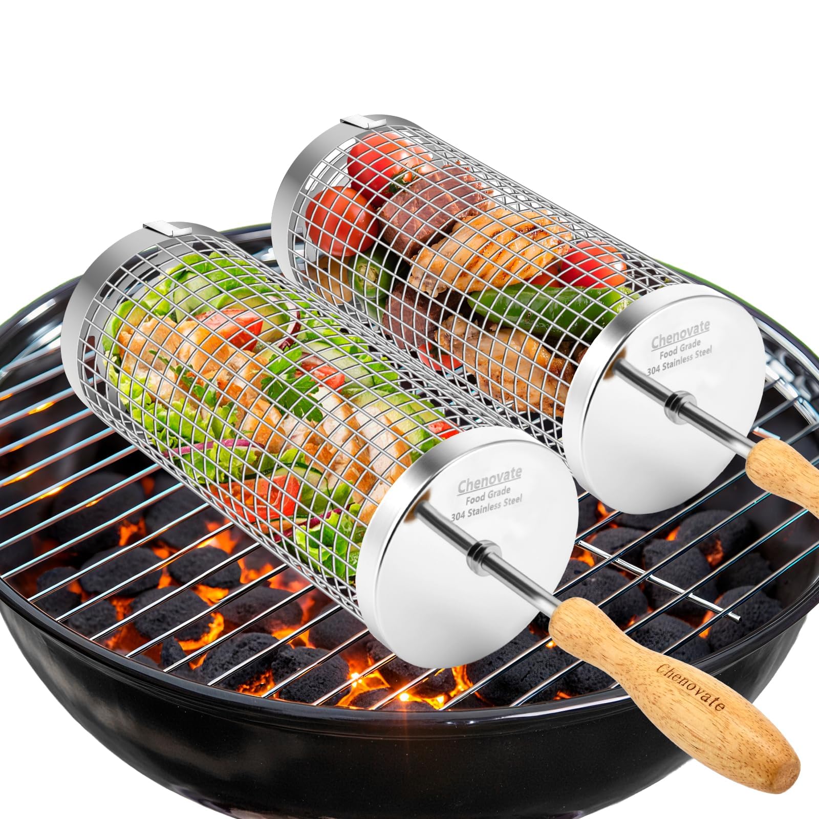 Chenovate rolling grill basket with wood handle for comfortable, secure grilling.