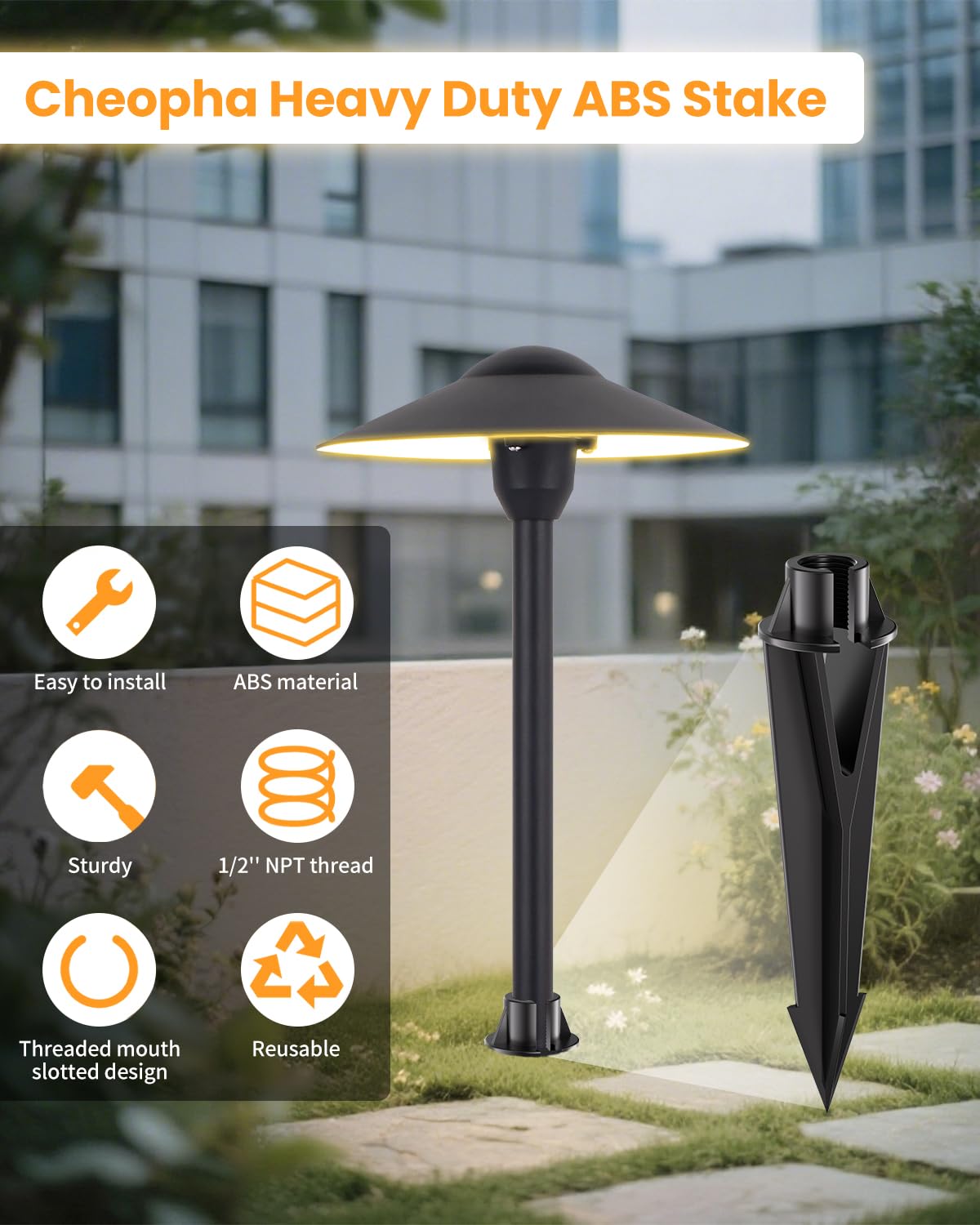 Cheopha ABS material stake image emphasizes rugged weather resistance for gardens