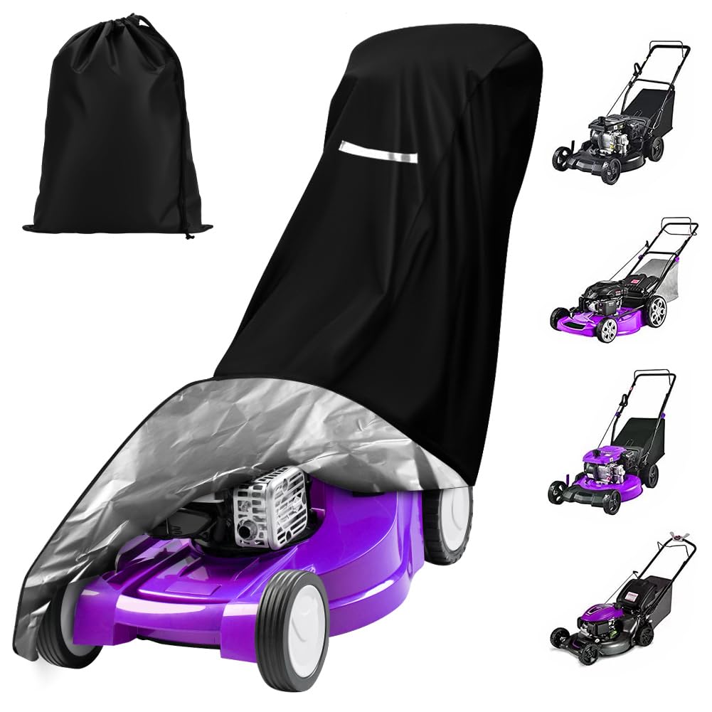 CHGANG lawn mower cover front view protects against rain and sun, with tight drawstring.
