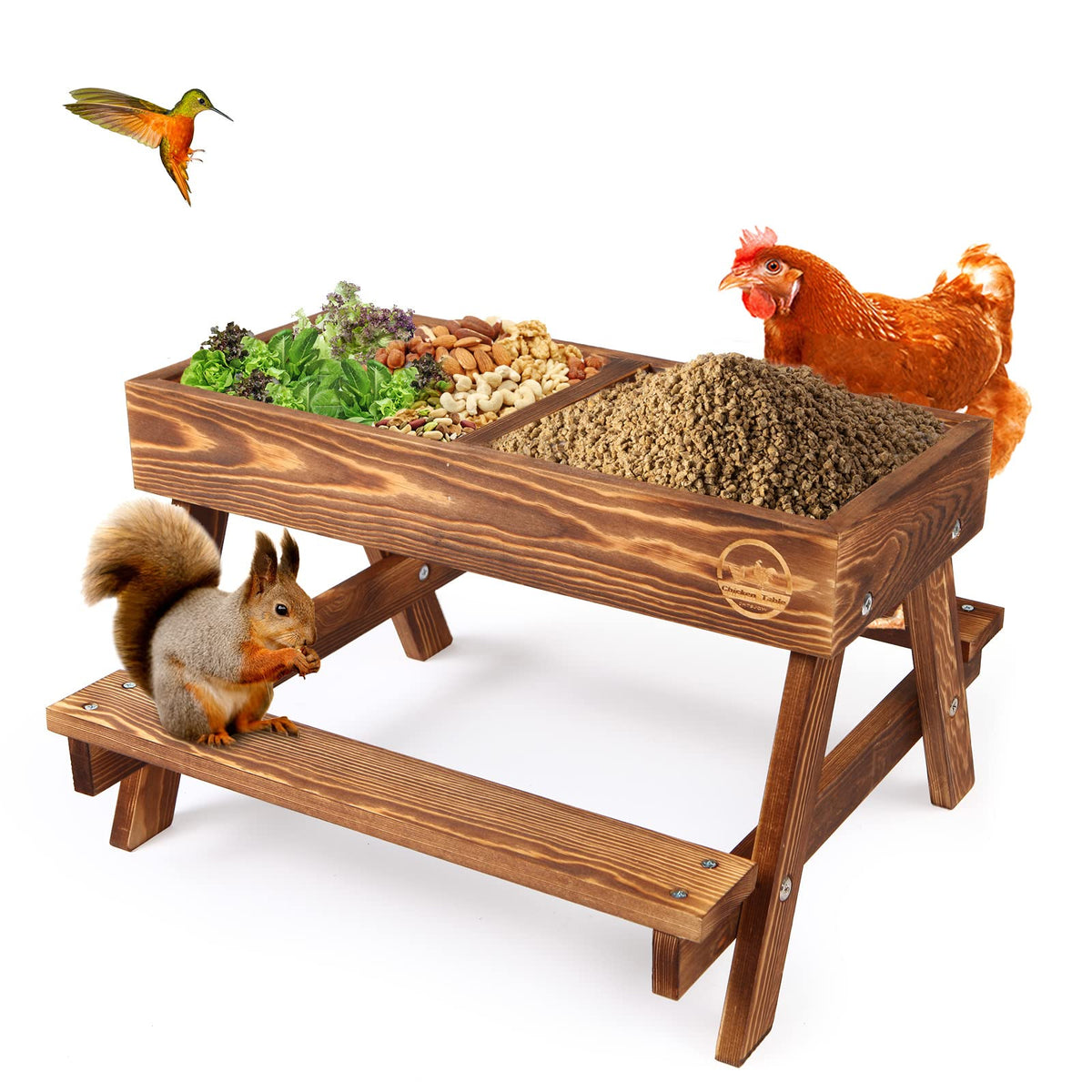CHTSJQW chicken table no waste top view shows carbonized wood keeping feed dry and clean