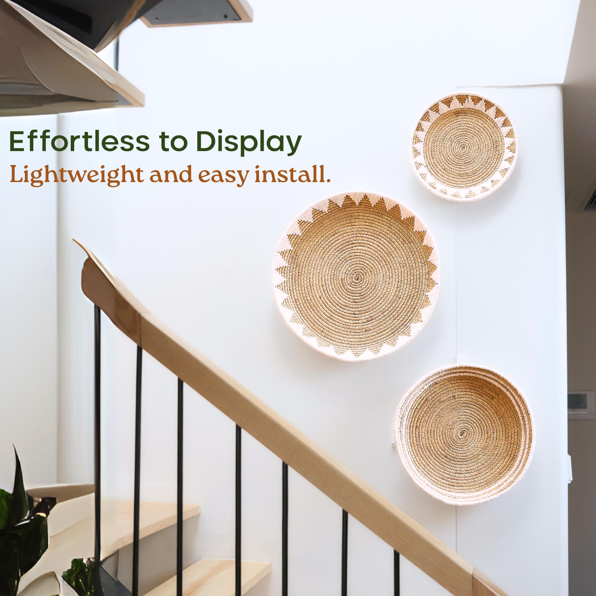 Chi An Home woven wall hanger with ring back emphasizes easy installation.