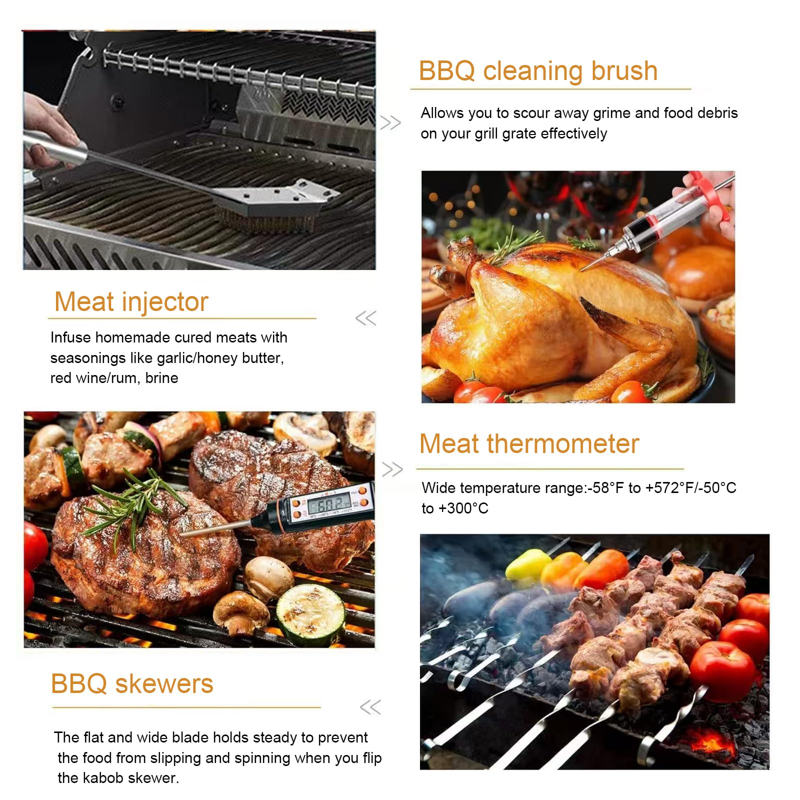 Meat thermometer and syringe from Chi Shang for doneness and marinating tips.