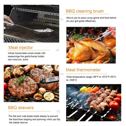Meat thermometer and syringe from Chi Shang for doneness and marinating tips.