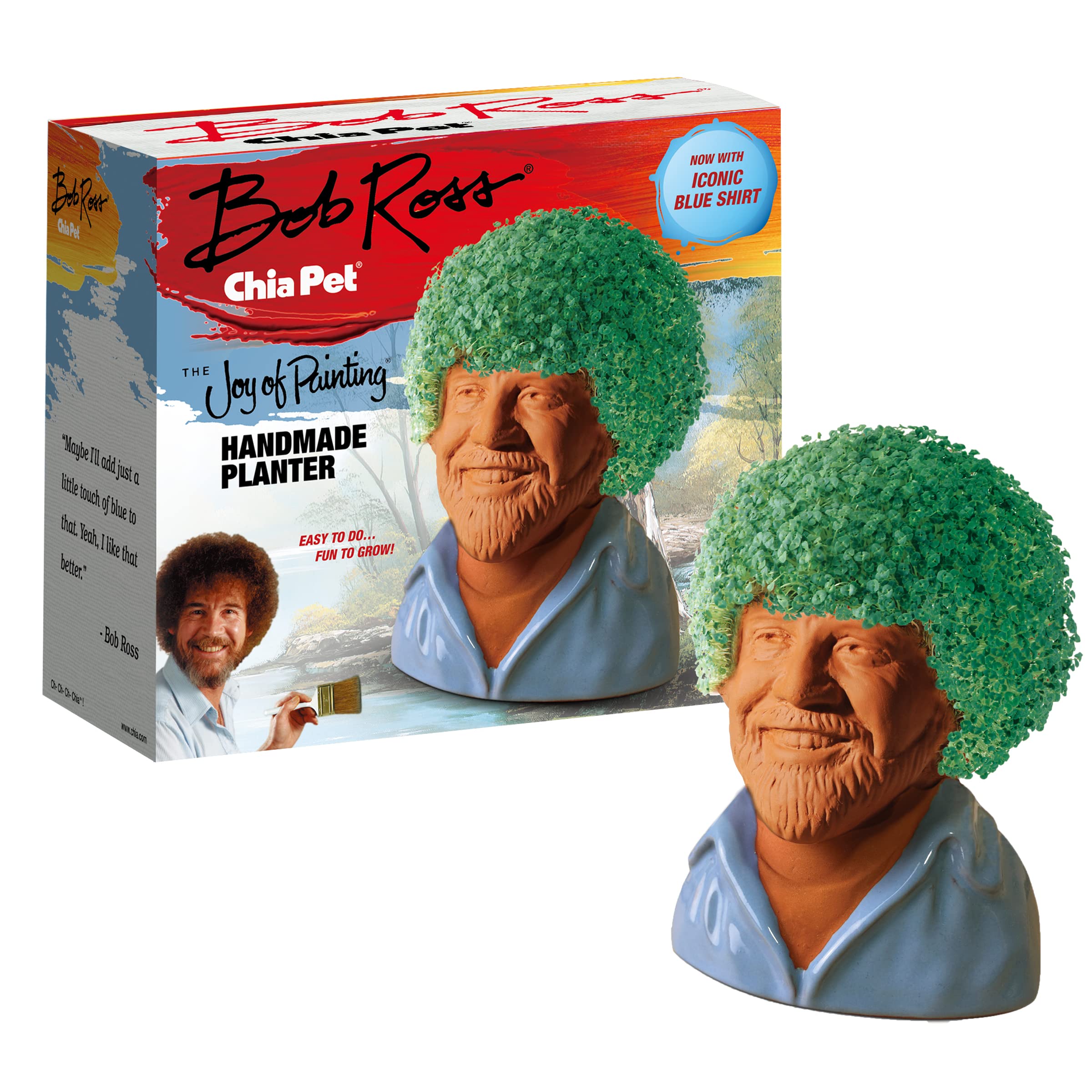 Chia Bob Ross blue shirt planter ready for mini garden and playful decor.