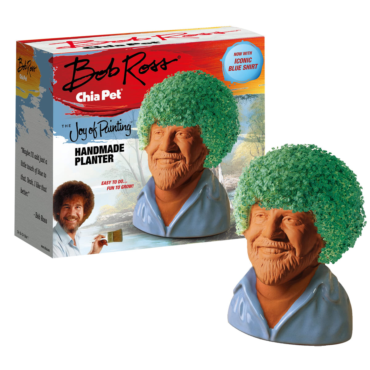 Chia Bob Ross blue shirt planter ready for mini garden and playful decor.
