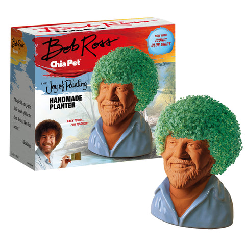 Chia Bob Ross blue shirt planter ready for mini garden and playful decor.
