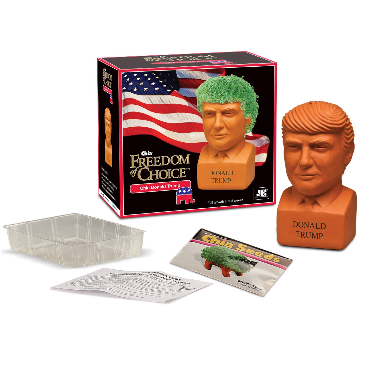 Drip tray for Chia Pet Donald Trump keeps surfaces clean.