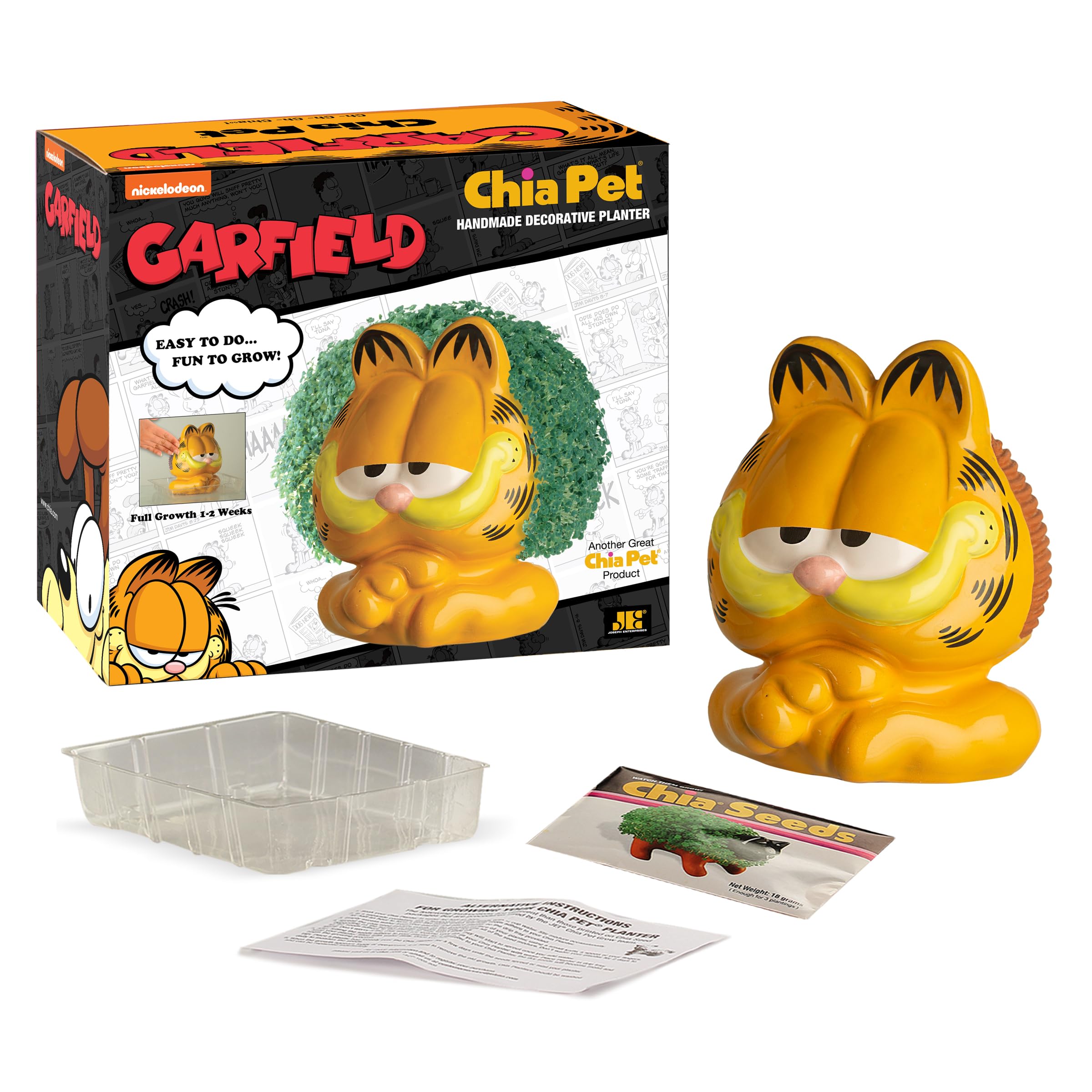 Chia Garfield pottery planter showcases lush green growth on display.
