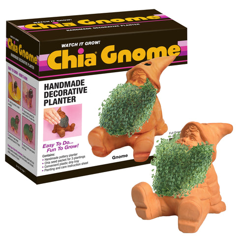 Chia Pet Gnome pottery planter ready to sprout a vivid green coat for home decor.