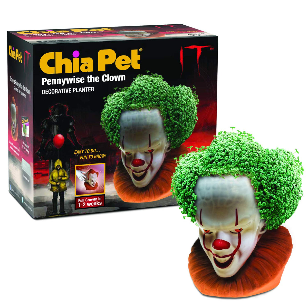 Chia Pet IT Pennywise planter shows a playful figure with a lush chia coat for home decor