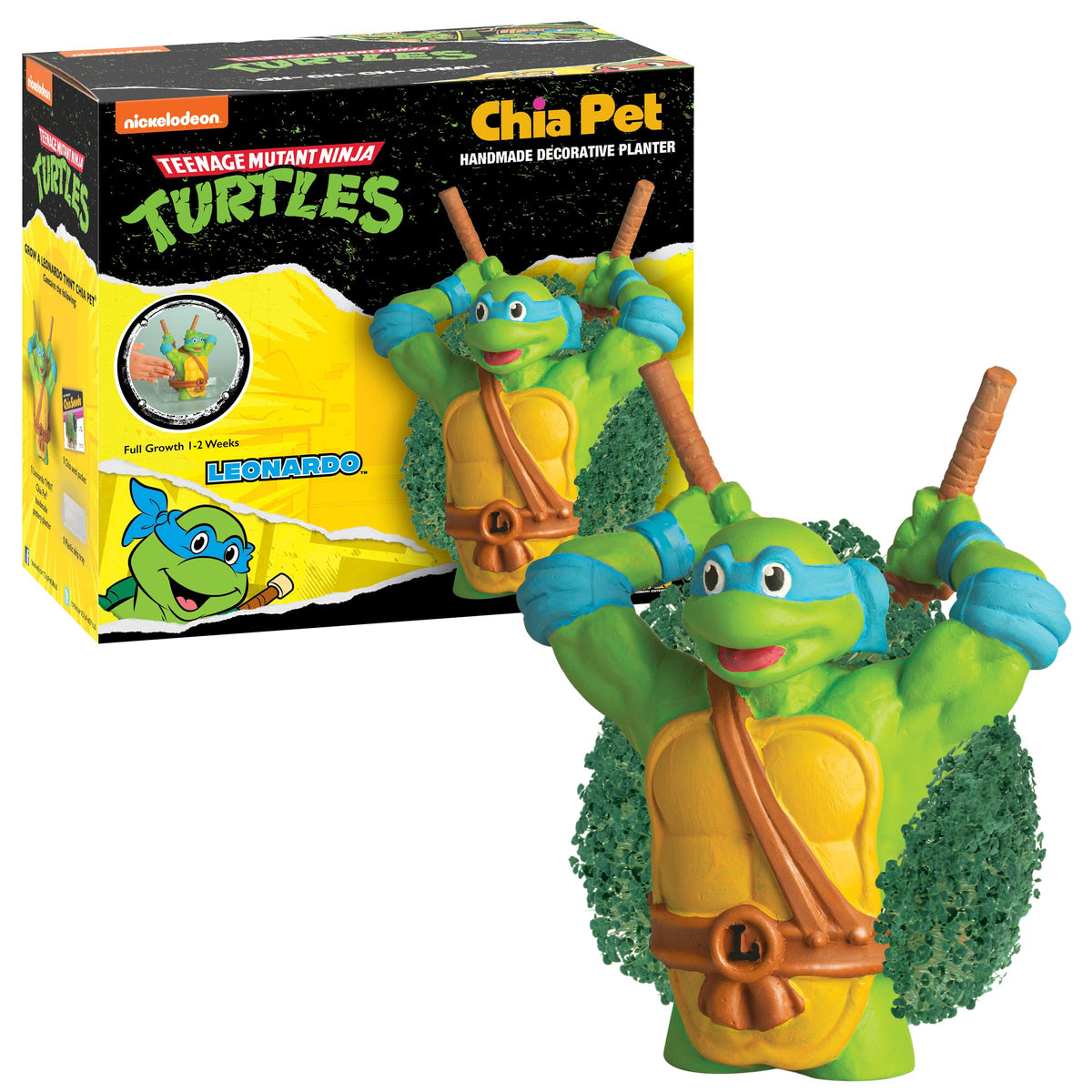 Chia Pet Leonardo TMNT planter shown with a vibrant green coat, easy setup for kids and collectors.