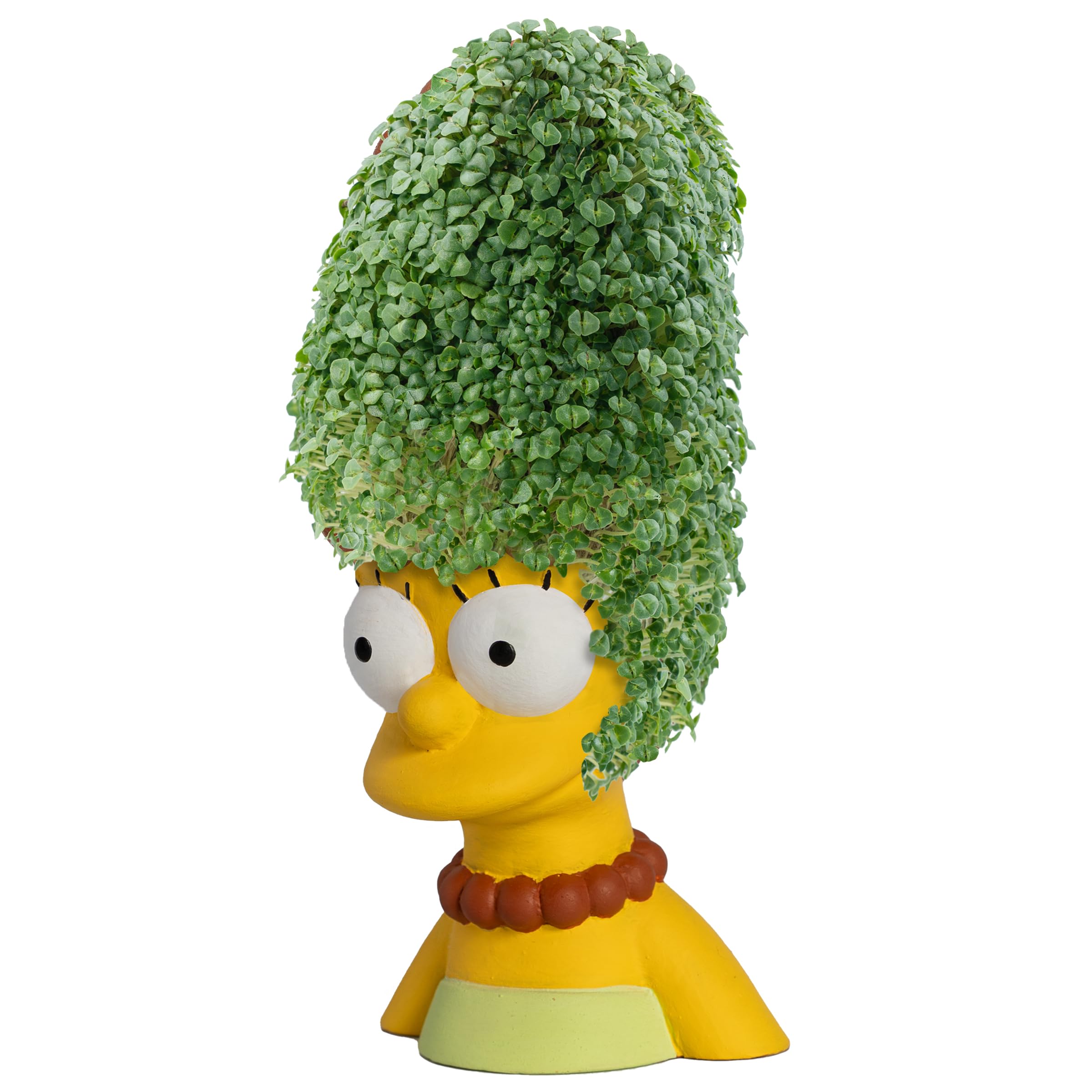 Chia Pet Marge growth stage time-lapse inspires playful desk or shelf display.