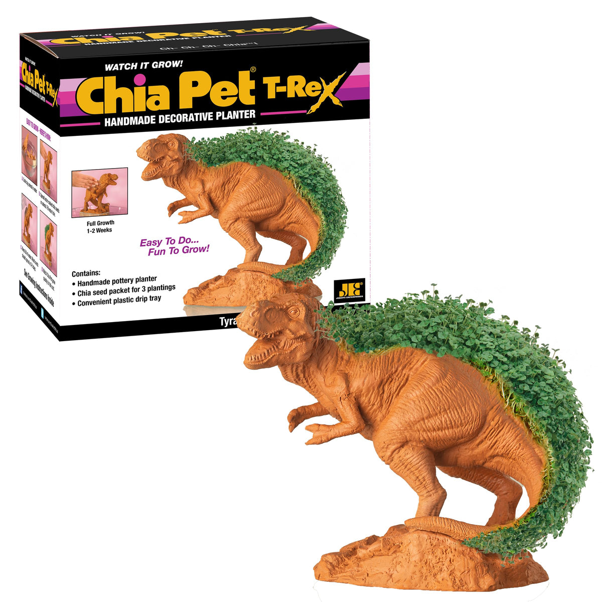 Chia Pet T-Rex planter with seeds, a playful desk decor accessory