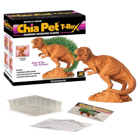Chia Pet T-Rex seed packet ready for first growth cycle
