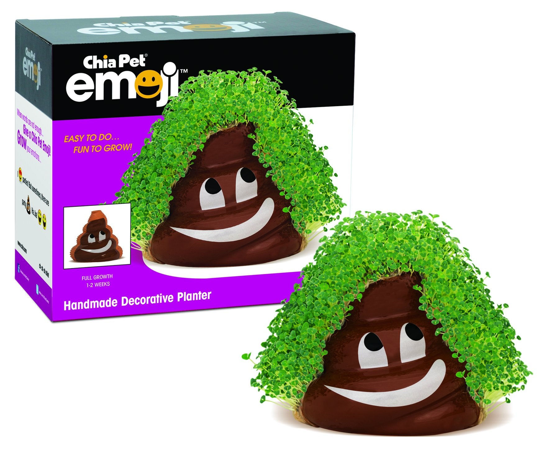 Chia Poopy Emoji planter front view with seed kit for easy home growing.