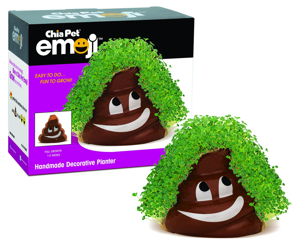 Chia Poopy Emoji planter front view with seed kit for easy home growing.
