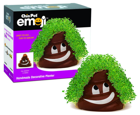 Chia Poopy Emoji planter front view with seed kit for easy home growing.