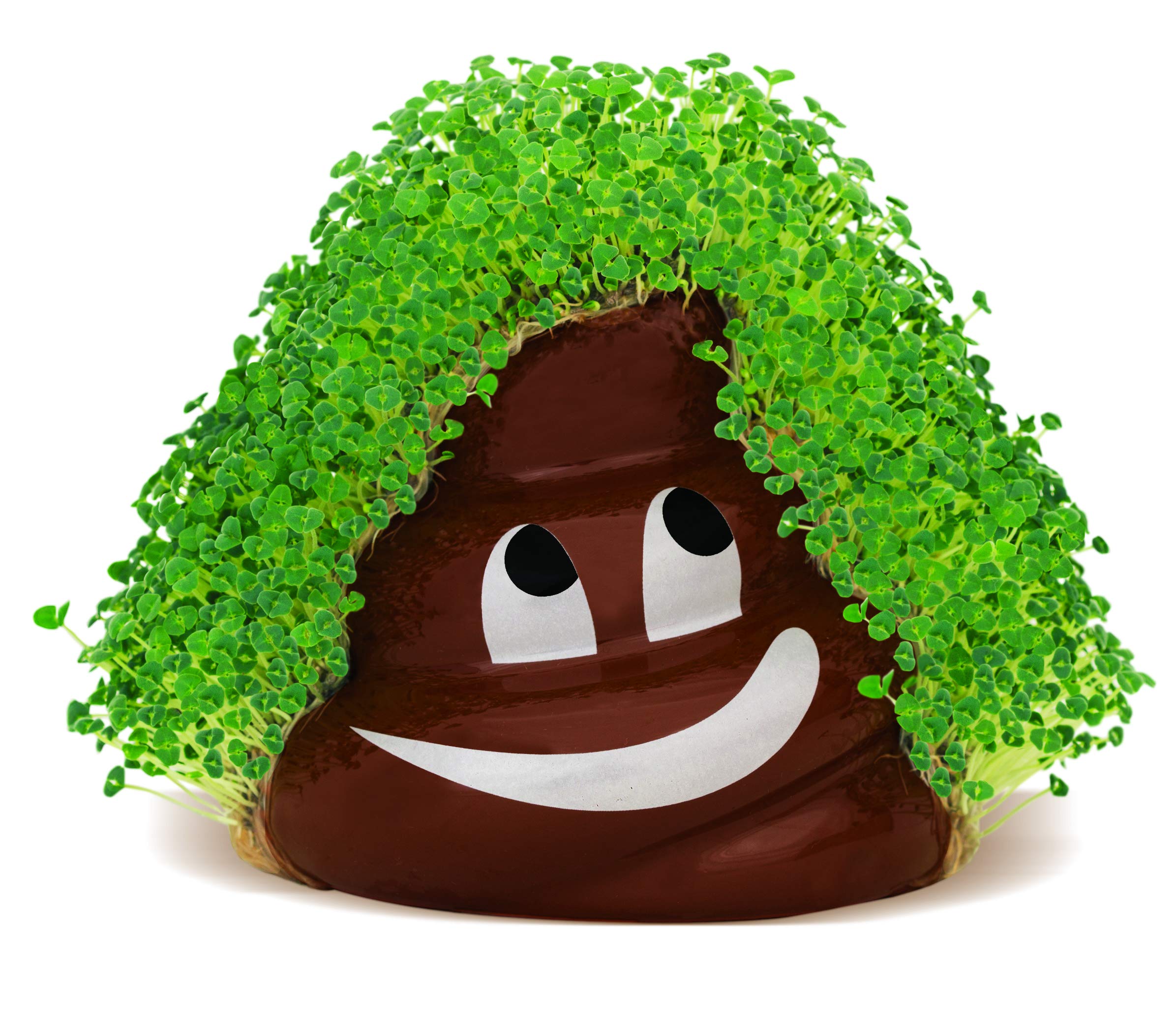 Chia Poopy Emoji planter side view highlighting vibrant chia growth.