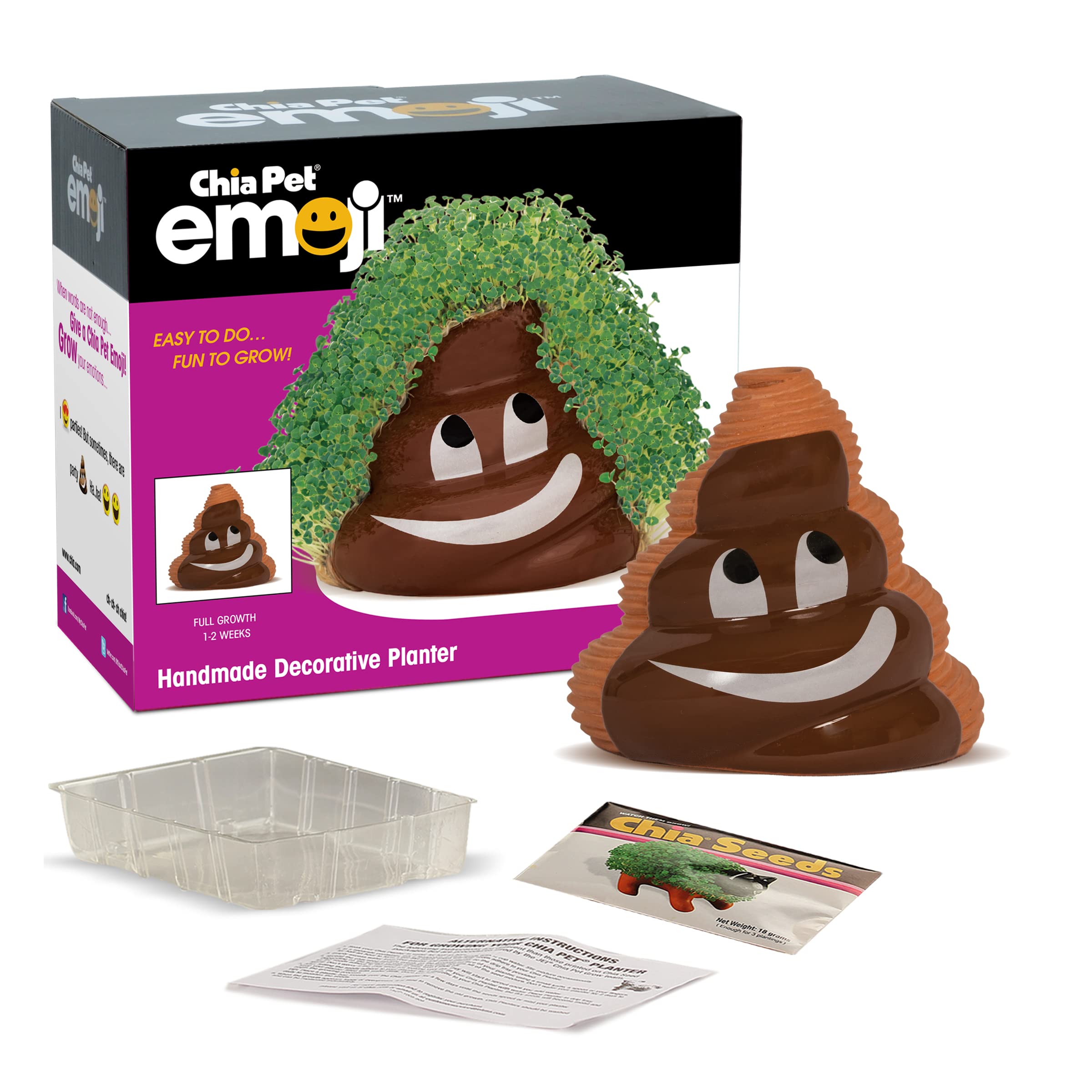 Chia Poopy Emoji seed pack with planter ready for planting and growth.