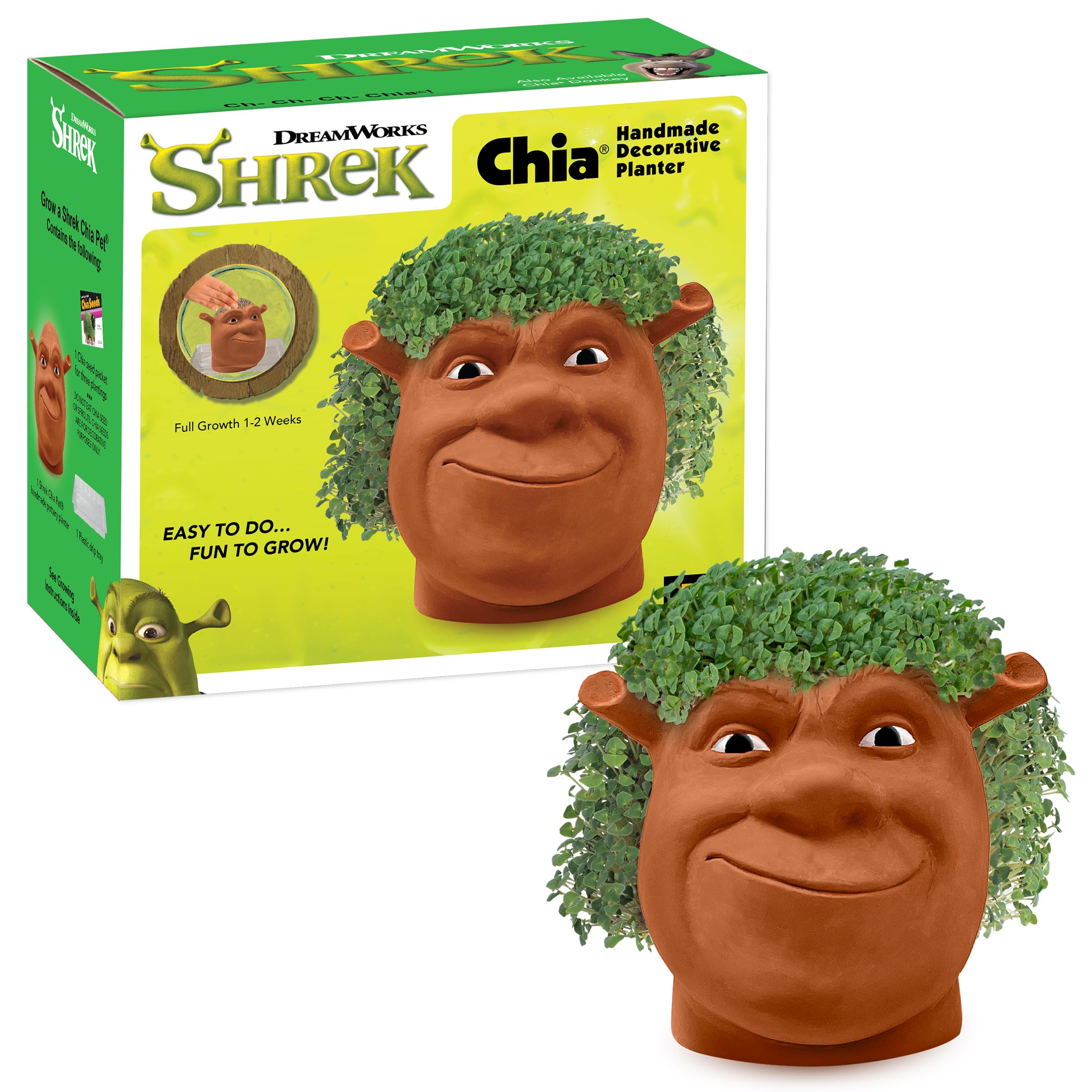 Chia Shrek decorative planter with seed packets for easy three-plant cycles.