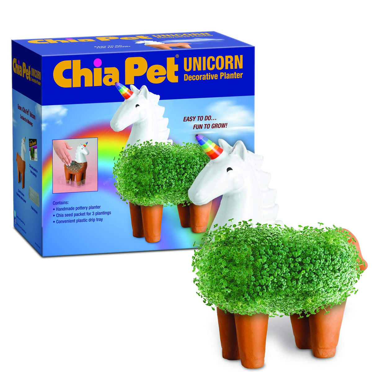 Chia Unicorn decorative planter front view with lush growth.