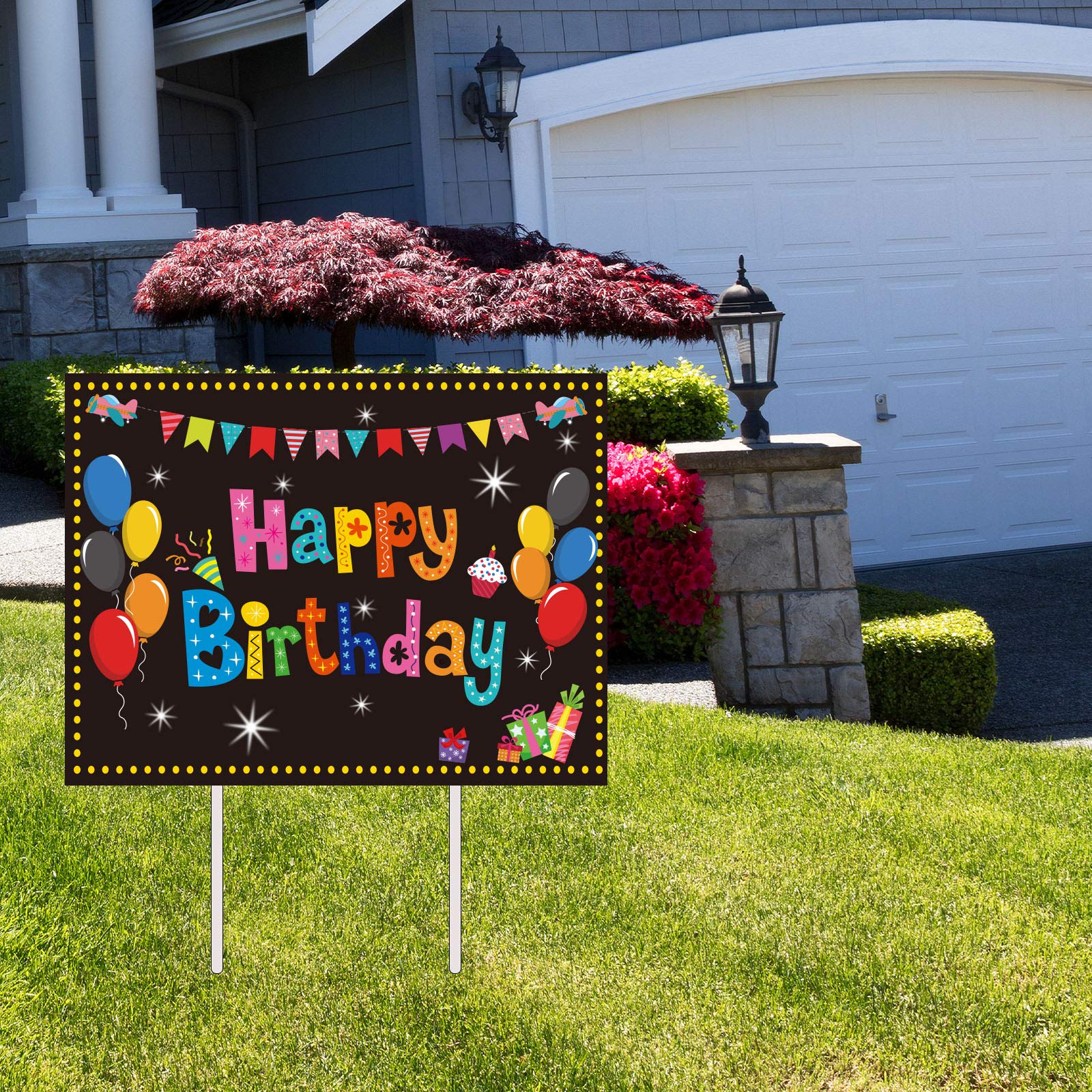 Chiazllta colorful yard decor enhances photos and party ambiance.