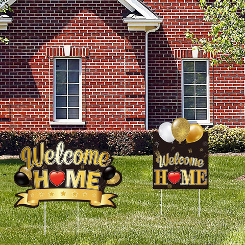 Chiazllta welcome home yard sign front view in black and gold, high visibility for outdoor parties