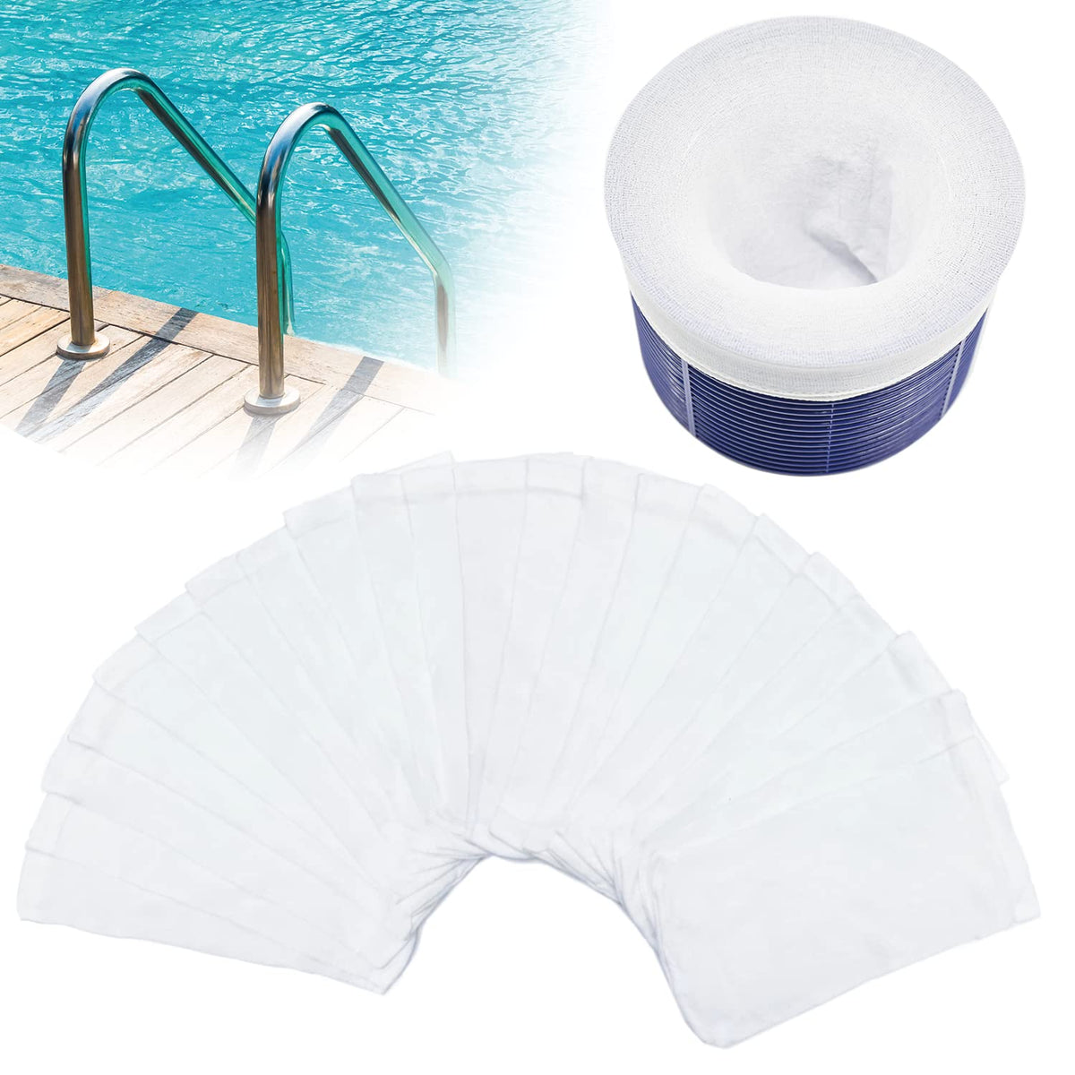 Chicarry pool skimmer socks bulk pack, ready for replacement in any pool filter.