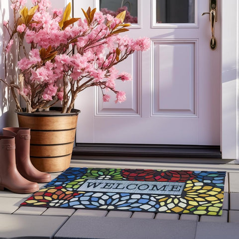 CHICHIC Colorful Welcome Mat non-slip backing keeps the mat in place on outdoor surfaces.