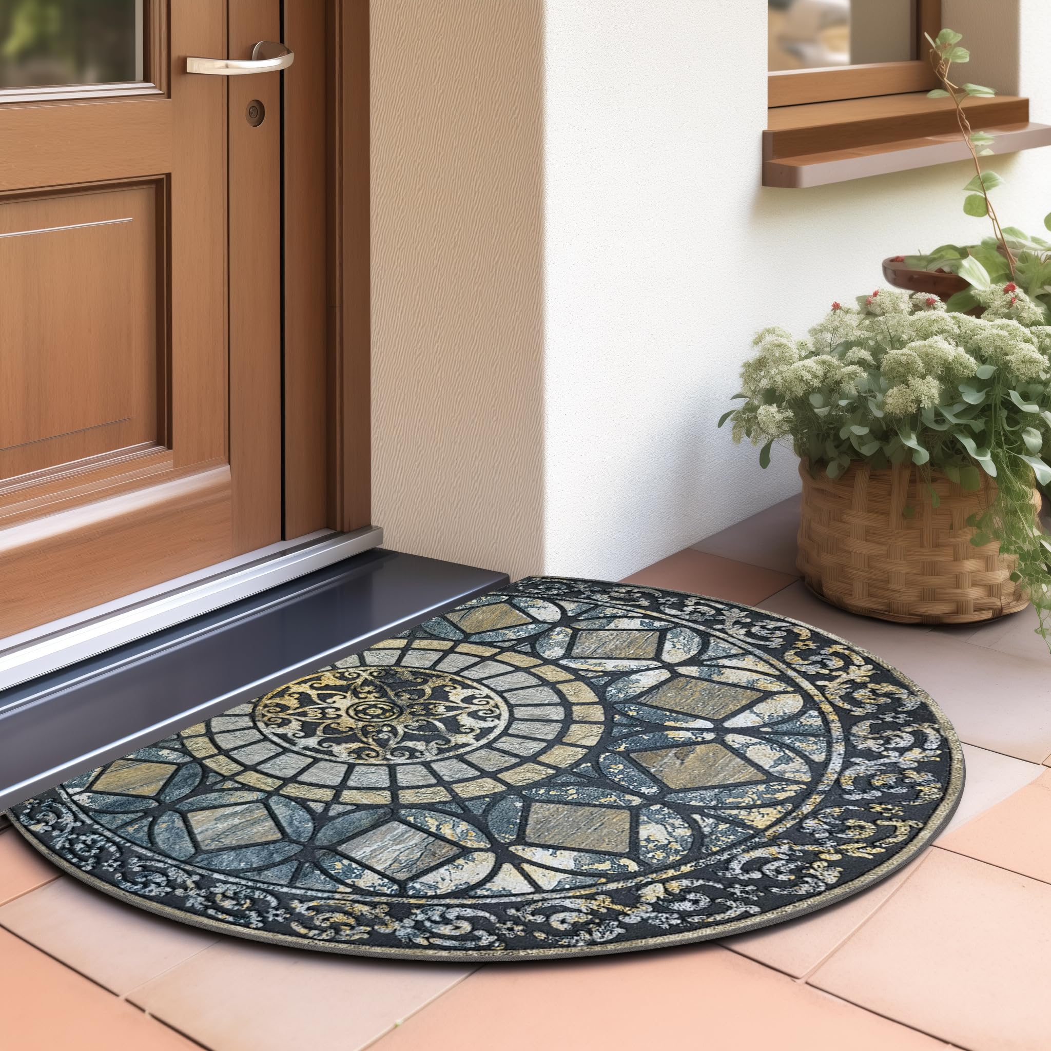 CHICHIC heavy-duty rubber back doormat provides secure footing on wet outdoor surfaces.